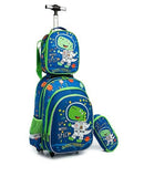 Sac roulettes avec motif dinosaure avec petit sac vert présentés sur fond blanc